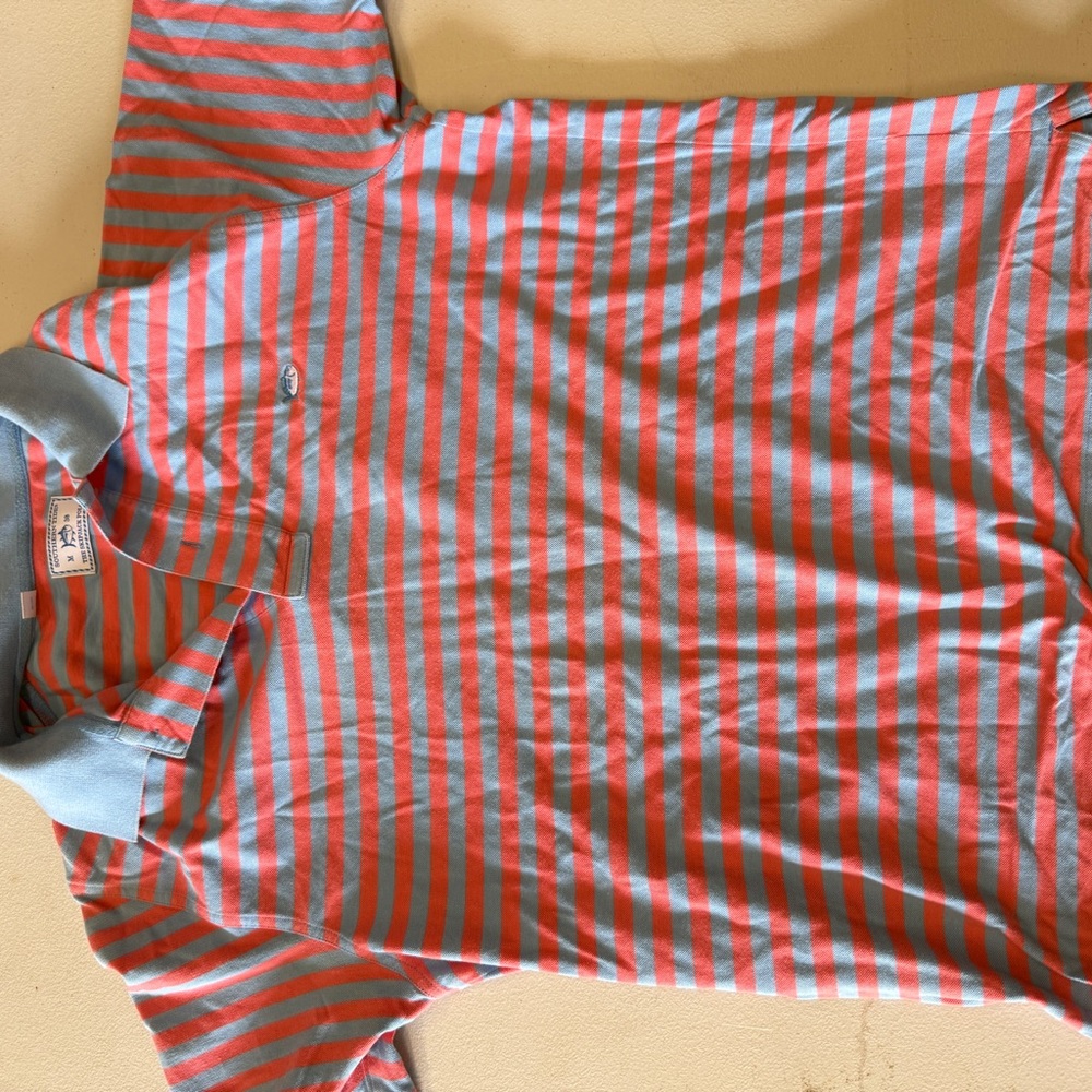 Southern Tide Coral and Blue Striped Polo